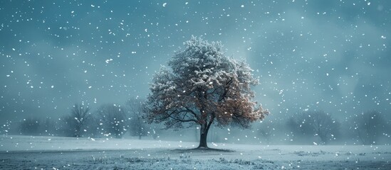 Leinwandbilder - Winter landscape featuring a stunning tree captured during a snowy late evening with a serene ambiance and ample copy space image available.