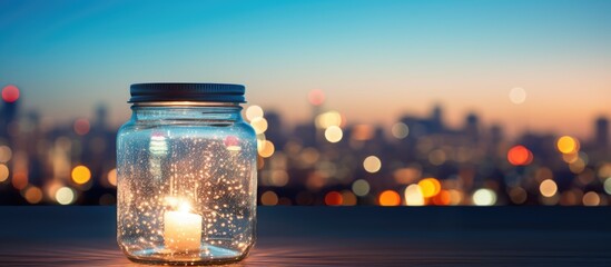 Poster - Glass jar filled with sparklers against a blurry cityscape background providing ample copy space image.