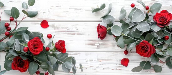 Aufkleber - Top-down image of red rose and flocked eucalyptus branches on a white wooden surface, creating a festive composition ideal for Christmas and New Year, with a winter theme, offering copy space.