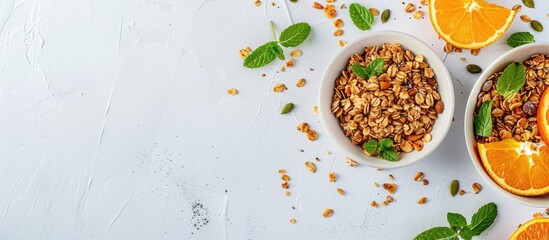 Aufkleber - Granola with orange slices, mint, and seeds on a white table with space for text or images.