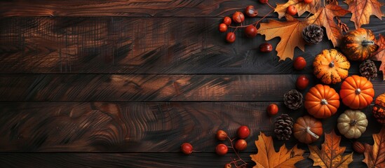 Aufkleber - Autumn leaves and pumpkins decorate a wooden table with a copy space image.