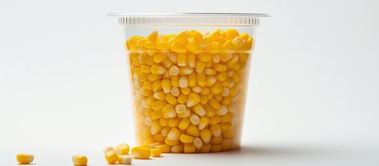 Poster - Corn seeds contained in a plastic cup on a white backdrop with copy space image.