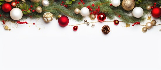 Poster - Festive spruce-themed frame with Christmas decorations on a white background, ideal for winter holidays and New Year celebrations. Copy space image included.