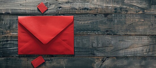 Aufkleber - A red envelope with a blank paper placed on top against a rustic wooden backdrop, creating a composition with copy space image.