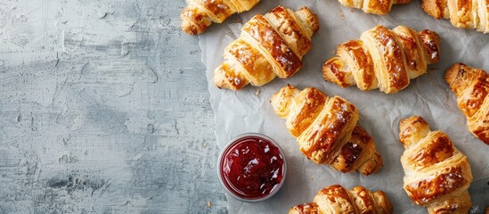 Poster - Delicious miniature croissants filled with jam, freshly baked and presented from above with ample space for text or images.
