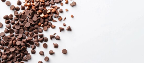 Poster - Chocolate chips with nuts displayed on a white background with copy space image.