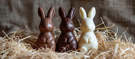 Aufkleber - Three chocolate bunnies (white, milk, dark) placed on hay, creating a charming display against a plain background for the copy space image.