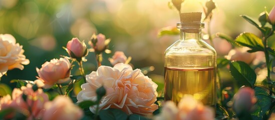 Sticker - A bottle with a fresh rose de mai flowers essential oil, perfect for aromatherapy, with a picturesque background serving as a copy space image.