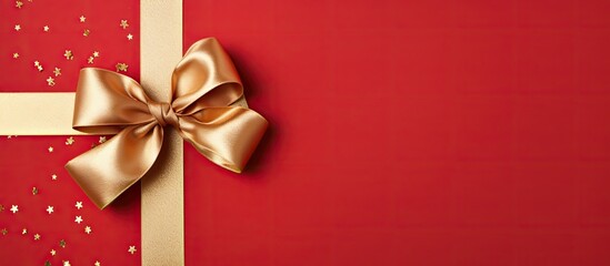 Poster - A red rolled ribbon with a bow isolated on colorful background, seen from above. Flat lay style with copy space image.