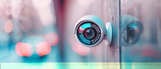 Wall Mural -  A security camera attached to a metal door, overlooking a blurred cityscape at night