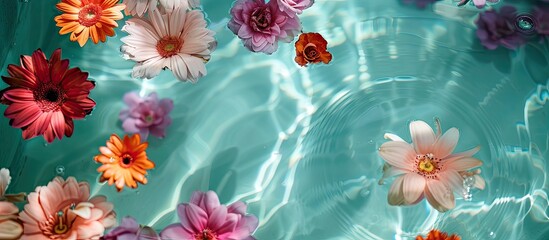 Sticker - A serene spa setting with vibrant flowers floating in a clear pool, providing a peaceful ambiance for relaxation, a romantic outing, or rejuvenating skincare, all against a serene copy space image.