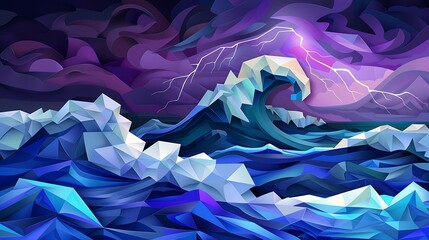 Wall Mural - Cubist dark ocean storm with geometric lightning, structured waves under a dark lavender night sky