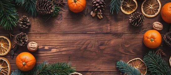 Aufkleber - Festive Christmas-themed flat lay on a wooden table, featuring tree branches, dried oranges, cones, and space for text or an image.