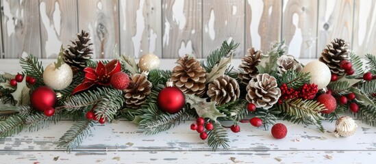 Poster - A festive arrangement for Christmas and New Year displayed on a white wooden backdrop with room for text in the image.