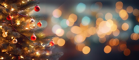 Aufkleber - Bokeh effect showcases blurred Christmas lights on a Christmas tree with copy space image.
