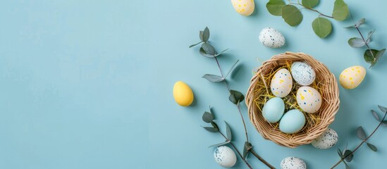 Sticker - A basket with Easter eggs in yellow and white hues, beside eucalyptus branch on pastel blue backdrop in a flat lay top view banner with copy space image.