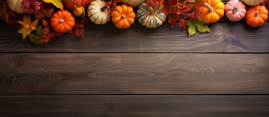 Poster - Thanksgiving theme with orange pumpkins, fall leaves, and flowers on a wooden table. Overhead view with room for text or image