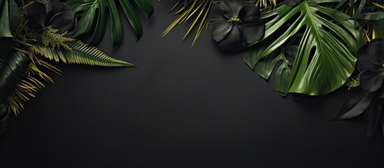 Leinwandbilder - Simple black summer layout with tropical greenery and available copy space image.