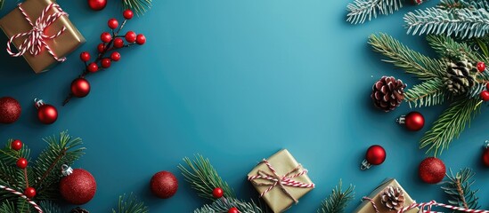 Poster - Blue Christmas background adorned with decorations in a flat lay style, providing ample copy space image.