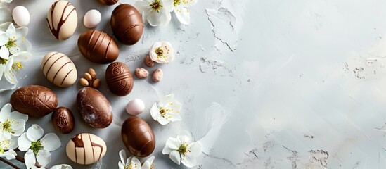 Aufkleber - Minimalist modern decor featuring Easter chocolate candy eggs and spring flowers, with a clean design leaving room for a copy space image.