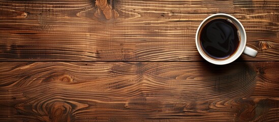 Aufkleber - Wooden surface with coffee mug, offering ample copy space image.