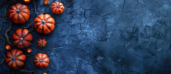 Poster - A Halloween-themed background with pumpkins on a stone surface seen from above, featuring a blank area for text in the image.