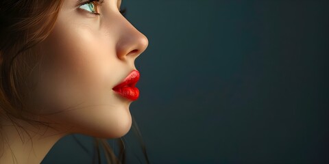 Poster - Young woman with plump lips blowing a kiss in a side profile photo. Concept #SideProfileBeauty, #YouthfulGlow, #PlumpLips, #BlowingKisses, #YoungAndVibrant