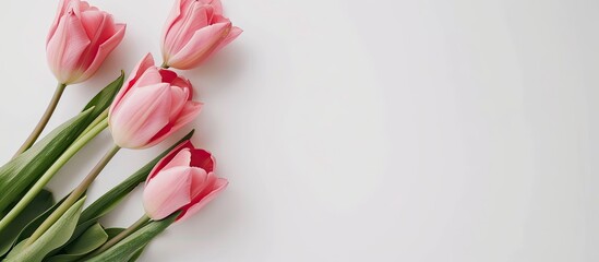 Wall Mural - A pink tulip arrangement for special occasions on a white backdrop with copy space image. Great for birthdays, Mother's Day, Valentine's, Women's Day, or weddings.