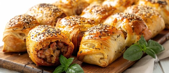 Poster - Savory wheat bread rolls filled with sausage and cheese. Ideal for breakfast or brunch. Presented on a wooden board with basil. White backdrop. Focus on rolls, room for text.
