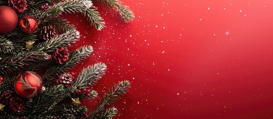 Aufkleber - Christmas tree branches decorated beautifully against a red backdrop with a space for text within the image.