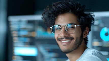 Indian software engineer smiling while developing an app in a tech hub representing creativity and passion for technology Portrait, Realistic Photo, High resolution, Half-body picture, Minimalism,