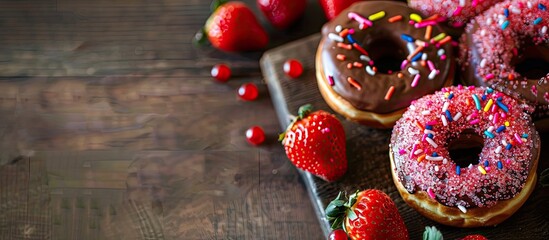 Poster - Strawberry and Chocolate coated homemade doughnuts with rainbow sugar toppings displayed on a wooden background with selective focus, ideal for a copy space image.