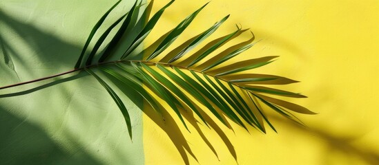 Poster - Summer-themed palm leaf on a yellow and green background, creating a shadow, suitable for a copy space image.