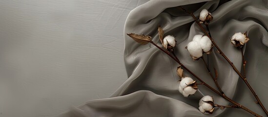 Aufkleber - Grey fabric backdrop featuring a cotton flower with copy space image.
