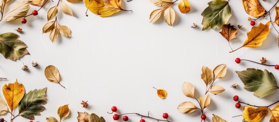 Sticker - Top-down view of autumn-themed arrangement with dried green leaves, yellow leaves, and red berries forming a frame on a white backdrop, ideal for text placement in the copy space image.