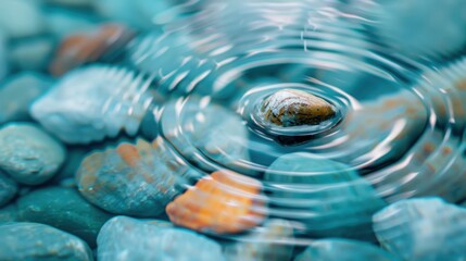 An image focusing on a stone causing ripples in water, surrounded by multi-colored pebbles, highlighting the randomness and balance in nature, evoking calm and contemplation.