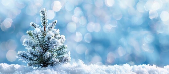 Poster - A small pine tree covered in fresh snow against a blurred blue background, ideal for a Merry Christmas and Happy New Year greeting postcard with copy space image.