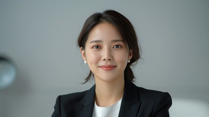 Asian businesswoman smiling while negotiating a deal in a corporate boardroom representing business acumen and confidence Portrait, Realistic Photo, High resolution, Half-body picture, Minimalism,