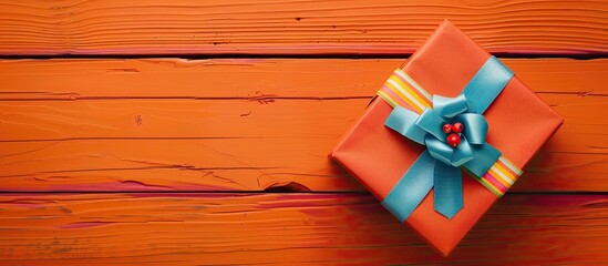 Sticker - A lovely present box with a colorful ribbon on an orange wooden surface, seen from above with a blank area for your design, embodying a Christmas theme.