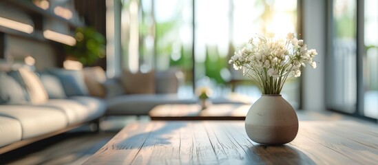 Aufkleber - Blurry living room background with a table top and copy space image.