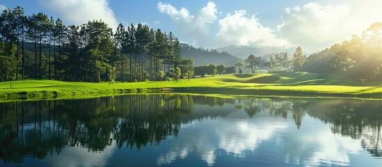 Sticker - A serene golf camp setting with lush green grass and a tranquil lake in view, perfect for outdoor activities with copy space image.