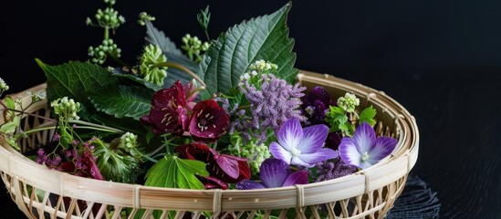 Canvas Print - Perilla flowers displayed on a bamboo colander, perfect as a sashimi garnish in a copy space image.