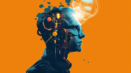 Wall Mural - A profile of a man with a neural network and light bulb, showcasing artificial intelligence, innovation, and technology on an orange background.