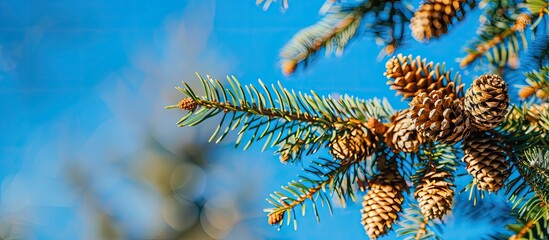 Poster - Spruce branches with needles and cones on a clear blue winter sky, highlighting numerous cones. A fir tree stands out in the background, ideal for a copy space image.