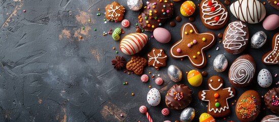 Sticker - Top-down view of a festive Easter greeting card with a variety of colorful gingerbread cookies, chocolate eggs, and candies displayed on a stone table, featuring ample copy space image.