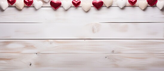 Aufkleber - A white wooden backdrop adorned with Valentine's heart shapes providing ample copy space for customization.