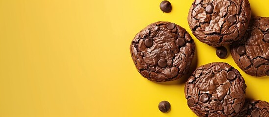 Poster - Delicious chocolate brownie cookies with a yellow backdrop featuring copy space image.