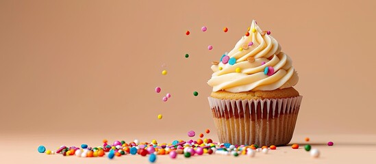 Poster - A cupcake adorned with colorful sprinkles, showcasing a delightful appearance against a blank background in a copy space image.