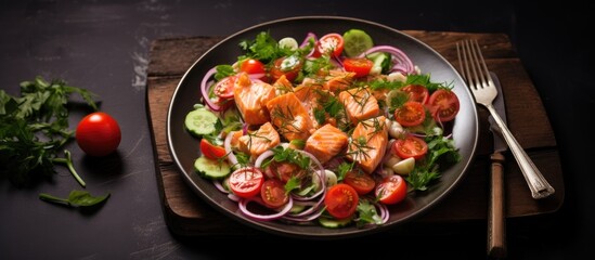 Canvas Print - Salmon salad with cherry tomatoes on a plate placed on a gray surface with a wooden stand, accompanied by a fork, in a horizontal photograph with copy space image.