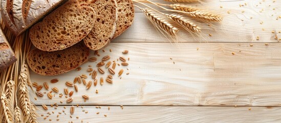 Poster - Health and diet concept showcased with rye bread slices and wheat ears on a light wooden background, perfect for copy space image.